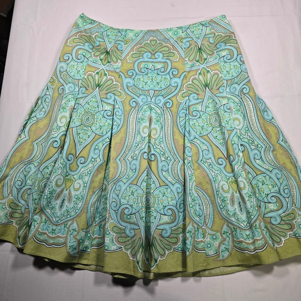 Talbots Boho Womens coquette skirt Green Blue Paisley Cotton A-Line Size 8P
